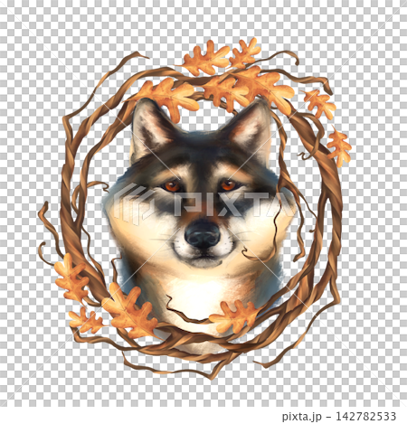 Hand-drawn illustration of a cute wolf shiba inu dog in an autumn oak leaf wreath Hand-drawn illustration of a cute wolf shiba inu dog in an autumn oak leaf wreath 142782533