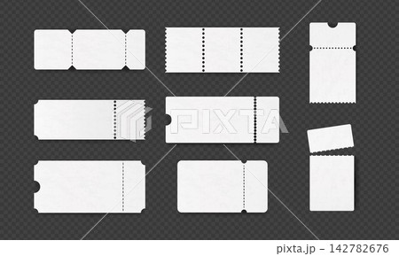Paper ticket. 3d coupon, voucher or cinema vintage sticker as travel or movie mockup, blank discount tag frame. Minimal voucher with perforation lines template, Vector lottery shapes 142782676