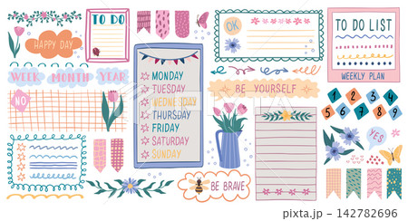 Cute diary borders. Color note sticker, arrow pencil draw for school, bullet journal. Calendar scribble sketch. Hand drawn to-do lists, week schedule, floral doodle. Vector page illustration 142782696