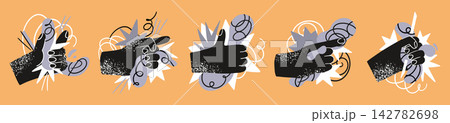 Chaos icons. Abstract cartoon hands with business or health retro digital puzzle, creative geometric stars. Expressive fists and pointing gestures. Emblems design. Vector label illustration Chaos icons. Abstract cartoon hands with business or health retro digital puzzle, creative geometric stars. Expressive fists and pointing gestures. Emblems design. Vector label illustration 142782698
