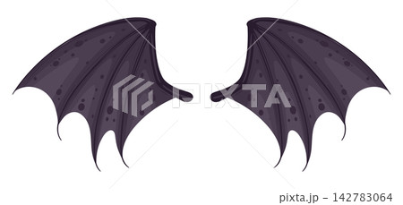 Bat wings pair. Dark flying monster wings with ribbed membranes flat vector illustration. Gothic Halloween element for spooky design 142783064