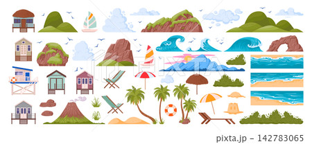 Beach vacation collection. Tropical cabins, palm tree, beach umbrella, waves, boat and seaside nature scenery flat vector illustration set. Summer travel graphics isolated on white Beach vacation collection. Tropical cabins, palm tree, beach umbrella, waves, boat and seaside nature scenery flat vector illustration set. Summer travel graphics isolated on white 142783065