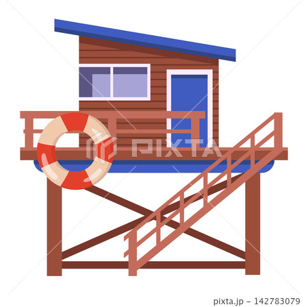 Lifeguard beach station. Wooden seaside lifeguard cabin with rescue ring flat vector illustration. Beach safety and coastal rescue design Lifeguard beach station. Wooden seaside lifeguard cabin with rescue ring flat vector illustration. Beach safety and coastal rescue design 142783079