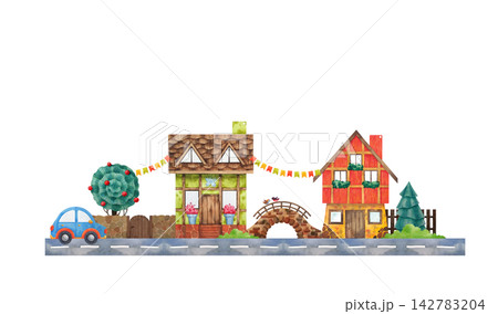 Houses, car, bridge, road, flags Watercolor illustration in a simply childish, cartoon style on white background Child drawing print for poster, dishes, toy, clothes, game, wall sticker Interior decor 142783204