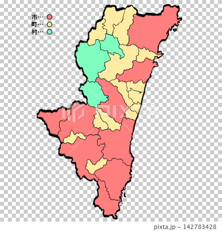 宮崎縣地圖:城市/城鎮彩色(筆觸風格)- 日式風格 宮崎縣地圖:城市/城鎮彩色(筆觸風格)- 日式風格 142783428