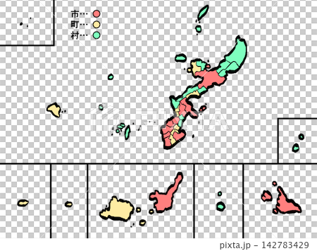 沖繩縣地圖:城市/城鎮彩色(筆觸風格)- 日式風格 沖繩縣地圖:城市/城鎮彩色(筆觸風格)- 日式風格 142783429