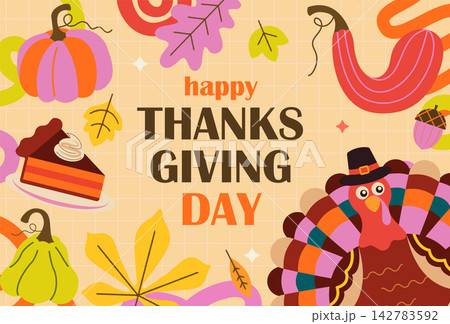 Happy thanksgiving day greeting card, poster. Bright banner with hand drawn pumpkins, turkey, cake and autumn leaves. Design for greetings, invitations, posters, print, web, sales. Vector illustration Happy thanksgiving day greeting card, poster. Bright banner with hand drawn pumpkins, turkey, cake and autumn leaves. Design for greetings, invitations, posters, print, web, sales. Vector illustration 142783592