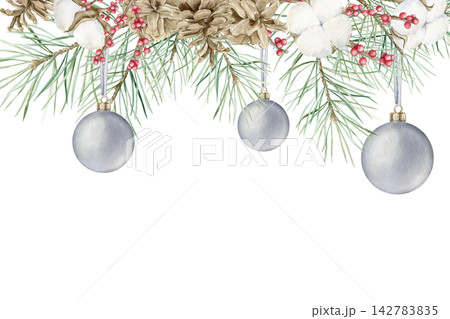 Pine branches, pinecones, cotton, red berries and silver baubles Christmas watercolor frame illustration. Hand drawn festive template with copy space for New Year cards, winter holidays and decor. 142783835