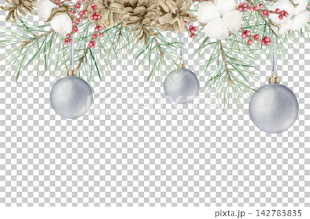 Pine branches, pinecones, cotton, red berries and silver baubles Christmas watercolor frame illustration. Hand drawn festive template with copy space for New Year cards, winter holidays and decor. 142783835