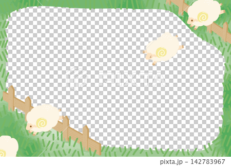Cute New Year's card frame illustration of sheep jumping over a fence (Year of the Sheep, pasture, meadow, copy space, postcard size) Cute New Year's card frame illustration of sheep jumping over a fence (Year of the Sheep, pasture, meadow, copy space, postcard size) 142783967