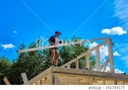 Roof framing system is being assembled by worker installing angled wooden rafters along upper wall plates during house construction. 142784175