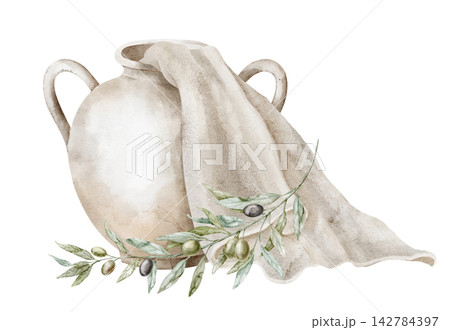 Amphora with cloth and olive branch watercolor illustration isolated on background. Mediterranean ceramic vessel composition with draped fabric and botanical foliage. Art for Italian or Greece design. Amphora with cloth and olive branch watercolor illustration isolated on background. Mediterranean ceramic vessel composition with draped fabric and botanical foliage. Art for Italian or Greece design. 142784397