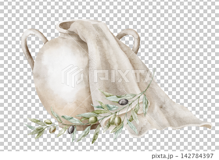 Amphora with cloth and olive branch watercolor illustration isolated on background. Mediterranean ceramic vessel composition with draped fabric and botanical foliage. Art for Italian or Greece design. Amphora with cloth and olive branch watercolor illustration isolated on background. Mediterranean ceramic vessel composition with draped fabric and botanical foliage. Art for Italian or Greece design. 142784397