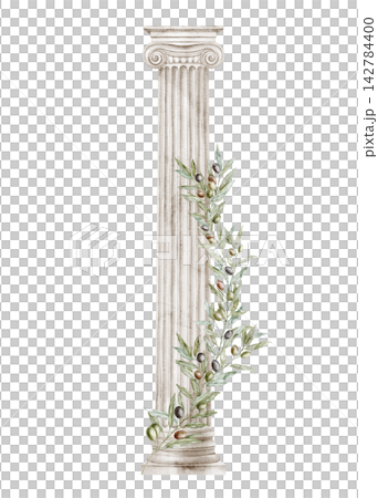 Ionic column with climbing olive branches watercolor illustration isolated on background. Classical Greek and Roman architecture with Mediterranean botanical foliage for wedding invitations or cards. Ionic column with climbing olive branches watercolor illustration isolated on background. Classical Greek and Roman architecture with Mediterranean botanical foliage for wedding invitations or cards. 142784400