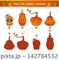 Halloween pumpkin lanterns, find correct shadow shape. Children education puzzle match game. Cute holiday monster character, skull. Search right silhouette picture. Kid learning logic worksheet vector 142784532