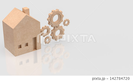 Wooden House with Gears Representing Home Maintenance Services 3d render. Wooden House with Gears Representing Home Maintenance Services 3d render. 142784720