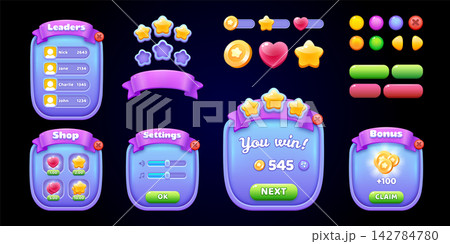 Mobile Game UI Kit Vector Set with Leaderboard Shop Settings Win and Bonus Popup Windows Stars Coins Hearts and Buttons Mobile Game UI Kit Vector Set with Leaderboard Shop Settings Win and Bonus Popup Windows Stars Coins Hearts and Buttons 142784780