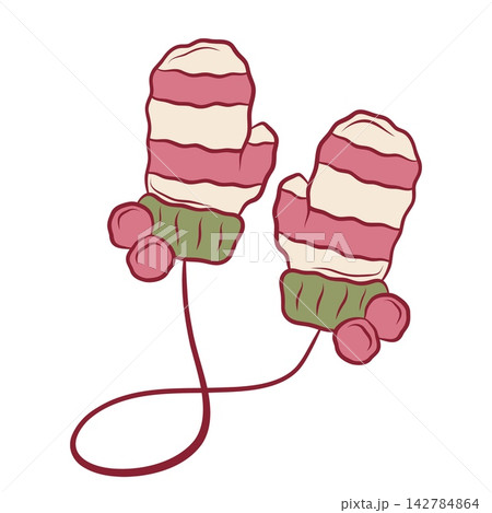 Vector illustration of striped winter mittens with connecting cord Vector illustration of striped winter mittens with connecting cord 142784864