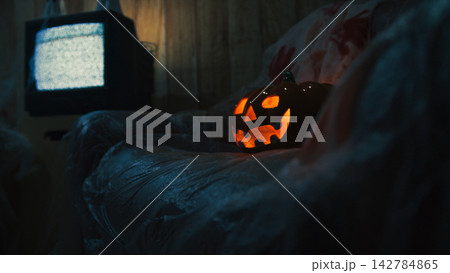 Halloween scene with bloody home sofa 142784865