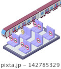 電車の座席予約・座席指定をイメージした主線のあるアイソメトリックイラスト。 142785329