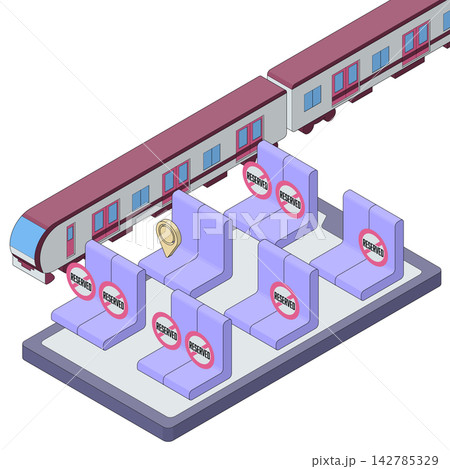 電車の座席予約・座席指定をイメージした主線のあるアイソメトリックイラスト。 電車の座席予約・座席指定をイメージした主線のあるアイソメトリックイラスト。 142785329