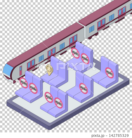 電車の座席予約・座席指定をイメージした主線のあるアイソメトリックイラスト。 電車の座席予約・座席指定をイメージした主線のあるアイソメトリックイラスト。 142785329