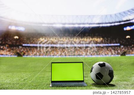 Green screen on laptop mockup with soccer ball arranged on wide stadium pitch with blurred stands, leaving editable space for sports advertising. Screen replacement. 142785957