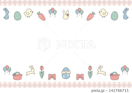 イースターのかわいいフレームイラスト素材（うさぎとたまごと春のモチーフの飾り枠） 142786715