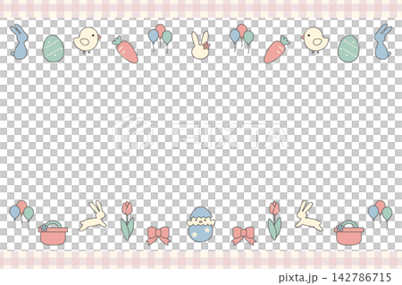 イースターのかわいいフレームイラスト素材（うさぎとたまごと春のモチーフの飾り枠） 142786715
