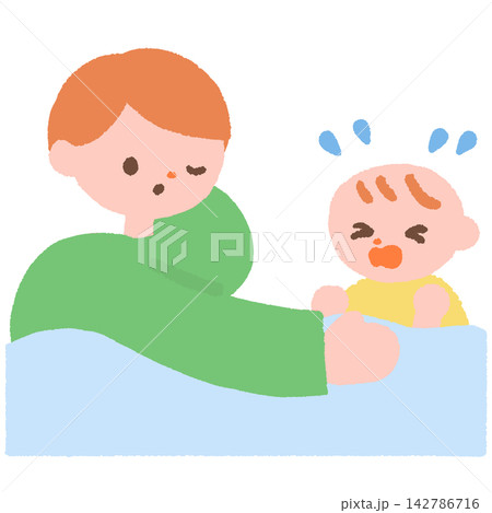 泣く赤ちゃんを寝かしつける父親のイラスト 142786716