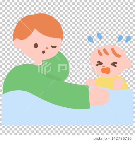 泣く赤ちゃんを寝かしつける父親のイラスト 142786716