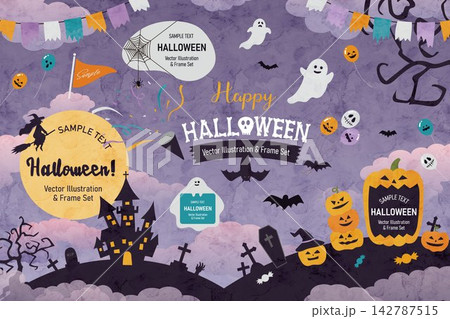 かわいいおばけとかぼちゃのハロウィン背景 フレームセット イラスト 142787515