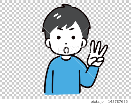 A young man in casual clothes is making a gesture by holding up three fingers. 142787656