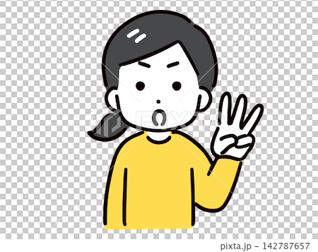 A young woman in casual clothes is holding up three fingers to indicate something. A young woman in casual clothes is holding up three fingers to indicate something. 142787657