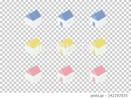A set of simple isometric illustrations of a house with windows and doors (blue, yellow, pink). A set of simple isometric illustrations of a house with windows and doors (blue, yellow, pink). 142787835