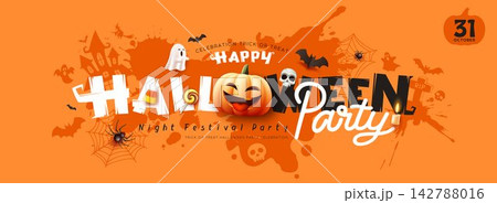 Happy Halloween party text message design, banner on orange background Happy Halloween party text message design, banner on orange background 142788016