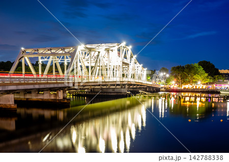 Illuminated Point Street Bridge night view Fox Point Providence Illuminated Point Street Bridge night view Fox Point Providence 142788338