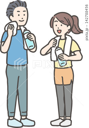 水分補給をする若い男女カップル 142788456