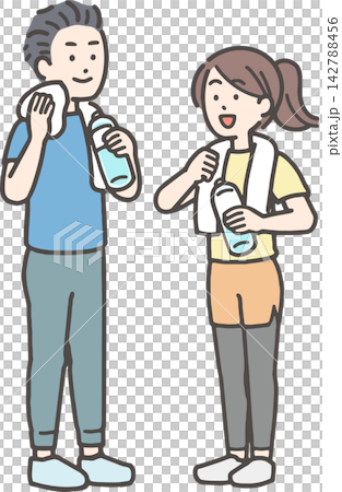 水分補給をする若い男女カップル 142788456