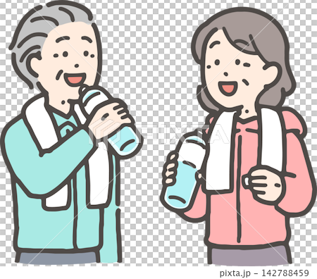 老年夫婦補充水分(上半身) 老年夫婦補充水分(上半身) 142788459
