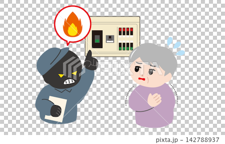 An illustration of an elderly woman trembling with anxiety after being threatened with a fire. An illustration of an elderly woman trembling with anxiety after being threatened with a fire. 142788937