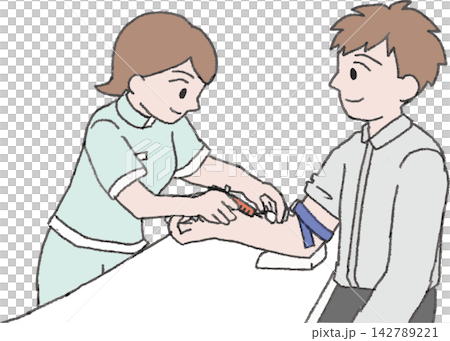 病院や健康診断での採血の様子の手書き風フルカラーイラスト(血液検査・注射・看護師・医療・手順・案内・ 病院や健康診断での採血の様子の手書き風フルカラーイラスト(血液検査・注射・看護師・医療・手順・案内・ 142789221