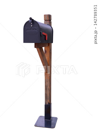 Black Retro metal Mailbox with wooden stand isolated on white background 142789351