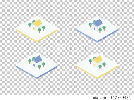 Isometric illustration set of houses placed on tiles (yellow and blue) Isometric illustration set of houses placed on tiles (yellow and blue) 142789486