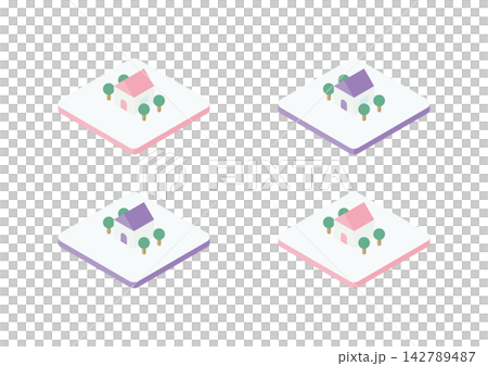 Isometric illustration set of houses placed on tiles (pink and purple) Isometric illustration set of houses placed on tiles (pink and purple) 142789487
