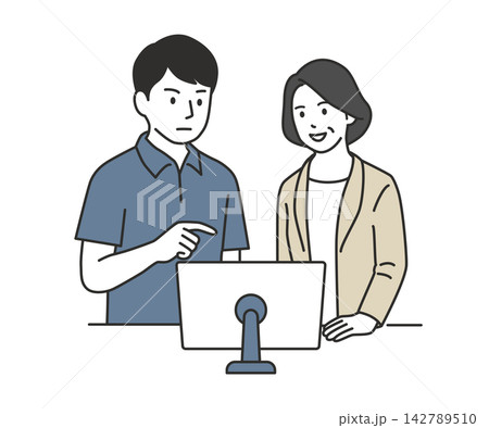 パソコン画面を見ながらケアマネージャーと打ち合わせをする男性介護士のイラスト チームケア・介護DX 142789510
