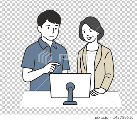 パソコン画面を見ながらケアマネージャーと打ち合わせをする男性介護士のイラスト チームケア・介護DX 142789510