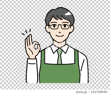 插圖描繪了一位身穿圍裙、做出「OK」手勢的男店員。 插圖描繪了一位身穿圍裙、做出「OK」手勢的男店員。 142789640
