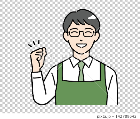 一幅插圖,描繪了一位身穿圍裙的男店員擺出勝利的姿勢。 一幅插圖,描繪了一位身穿圍裙的男店員擺出勝利的姿勢。 142789642