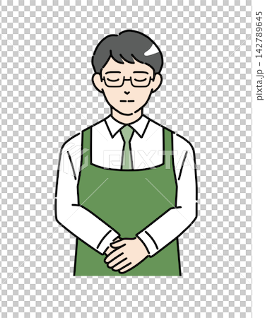 圖 2:身穿圍裙、鞠躬的男店員。 圖 2:身穿圍裙、鞠躬的男店員。 142789645